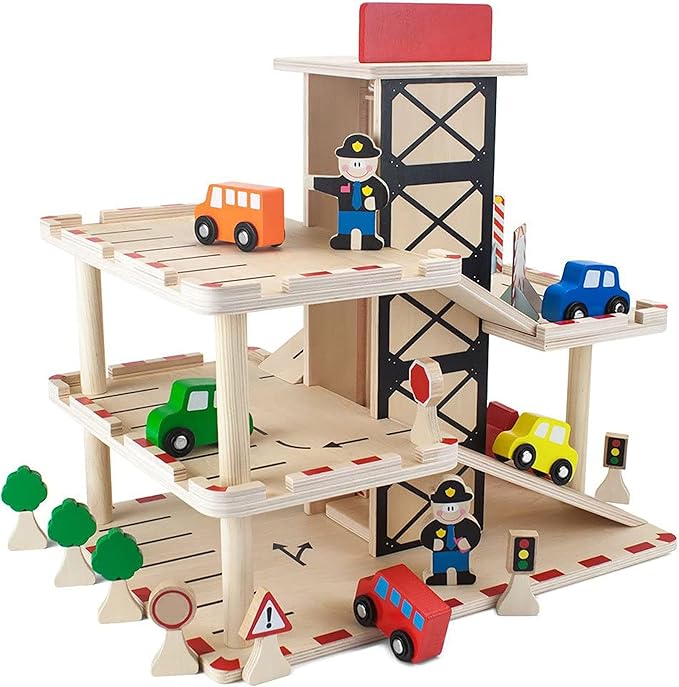 Imagination Generation Downtown Deluxe Wooden Parking Garage Ramp & Service Station Playset with Elevator, Signs & Accessories for Mini Toy Cars (19 pcs)