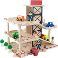 Imagination Generation Downtown Deluxe Wooden Parking Garage Ramp & Service Station Playset with Elevator, Signs & Accessories for Mini Toy Cars (19 pcs)