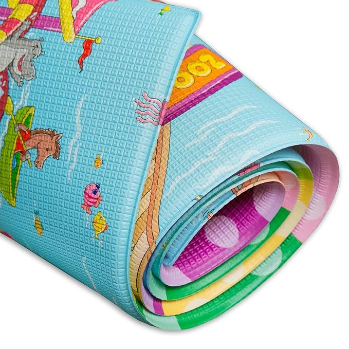 Baby Care Play Mat (Medium, Playful - Zoo Town) 73’’ x 49’’ Original One-Piece Reversible Rollable Waterproof Play Mat for Infants, Babies, Toddler, and Kids