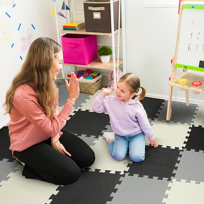 Nuanchu 60 Pcs Kids Foam Puzzle Floor Mat Bulk Solid Color Foam Play Mat with Borders Interlocking Multi Use Floor Rug for Baby Toddler Children Crawling Exercise Playroom 12 inch (Black, White, Gray)