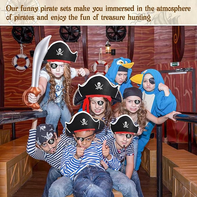 Legigo 72 Pcs Pirate Party Set- Include 24 Pirate Hats, 24 Eye Patches, 24 Inflatable Swords Pirate Accessory for Caribbean Fancy Dress Cosplay Themed Party Stage Prop