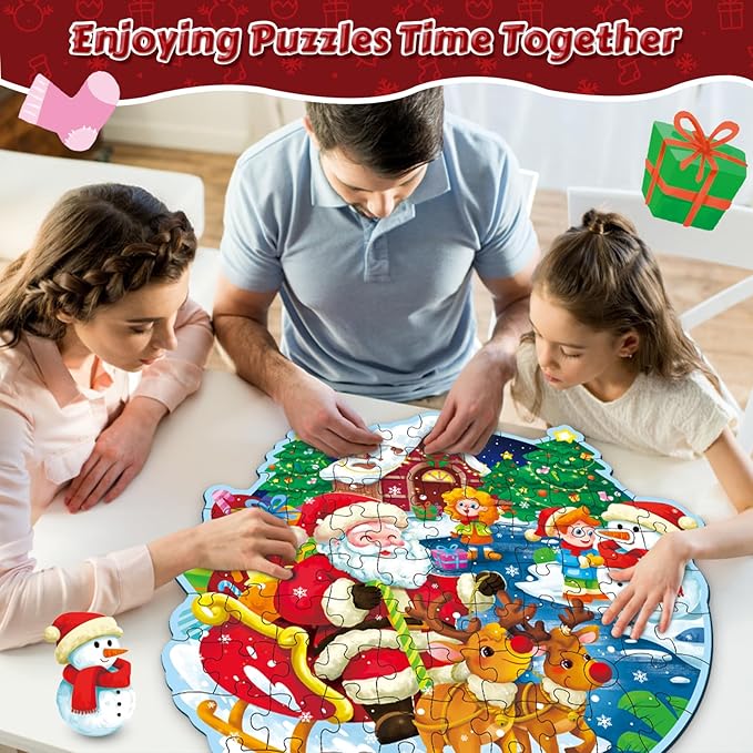 Christmas Floor Puzzle for Kids Ages 3-5 & 4-8, 88 Piece Blue Cardboard Jigsaw Puzzles for Kids, Learning Educational Toys Birthday, for 3 4 5 6 Year Old Girls & Boys
