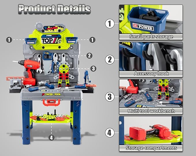 Kids Tool Kit，Kids Tool Bench STEM Engineering Playbench，32-inch Folding Workbench Set with 35+ Accessories, Electric Drill Toy & Tool Storage, Creative Construction Playset for Boys Girls Ages 3-5