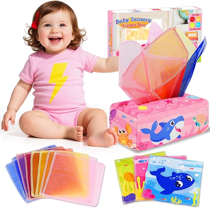 Aiduy Baby Tissue Box Toy - Baby Girl Toys Montessori Toys for Babies 6-12 Months - Soft Stuffed High Contrast Crinkle Infant Sensory Toy 6 7 8 9 10 11 12 Months Old Gifts Pink