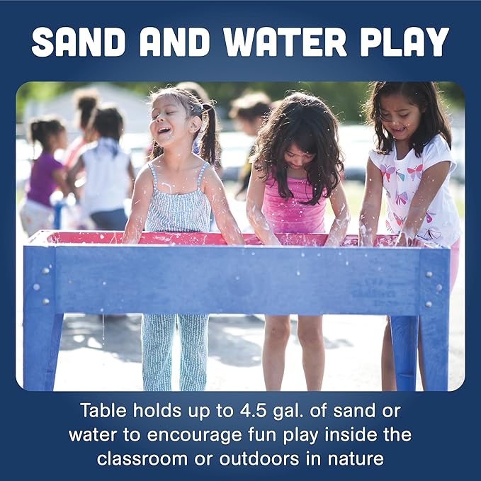 Constructive Playthings Indoor/Outdoor Sand and Water Activity Table for Kids Ages 1-3, Portable Classroom Play Table with Dry-Erase Top and 2 Side Trays, Blue/Red