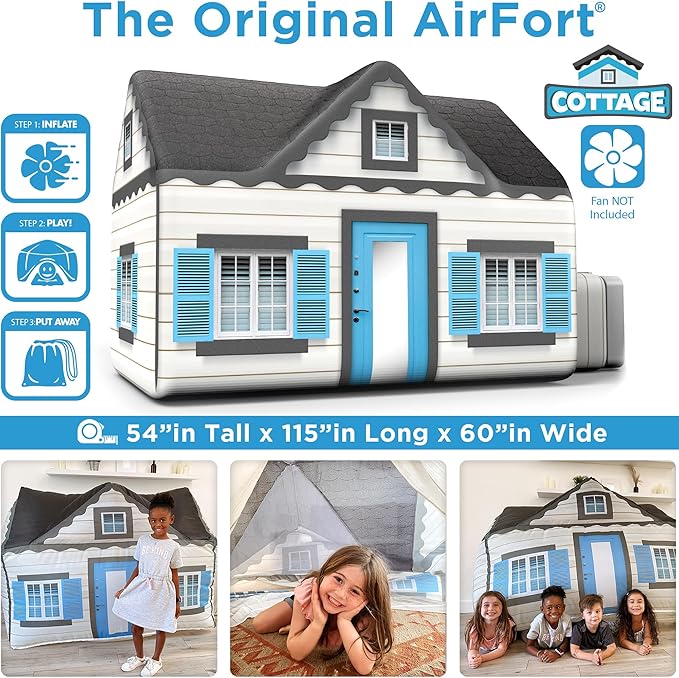 The Original Patented AirFort - Build A Fort in 30 Seconds, Inflatable Fort for Kids, Play Tent for 3-14 Years, A Playhouse Where Imagination Runs Wild, Fan not Included (Cottage)