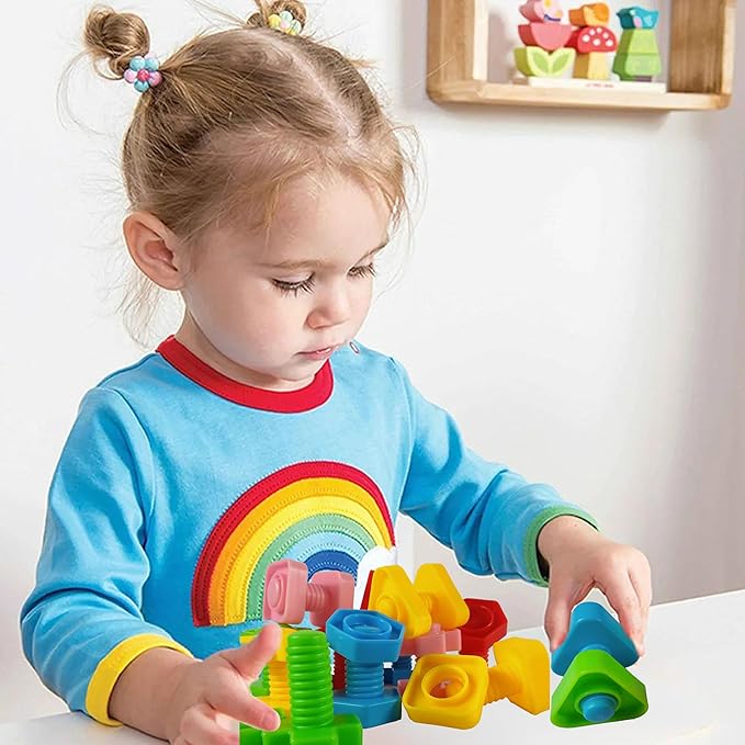 Jumbo Nuts and Bolts for Toddlers - 40 Pcs Screw Toys for Toddlers 1-3 - Occupational Therapy Toy with Storage Tote and Book - Shape Sorter Fine Motor Toy - Manipulatives for Preschoolers