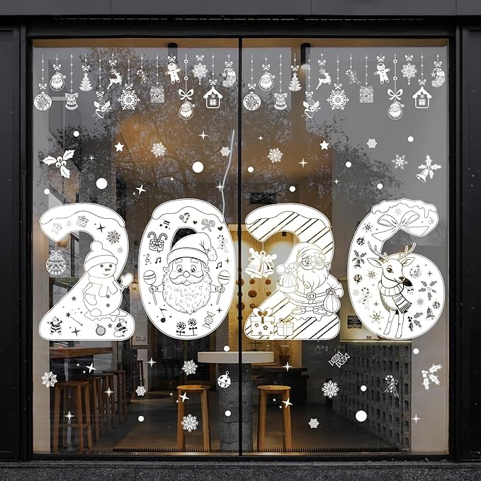Christmas 2026 Cute Number Window Clings for Glass Windows,5 Sheets Static Christmas Window Decorations Xmas Holiday White Snowman Santa Window Stickers Decals for Party Home Winter Indoor Decor