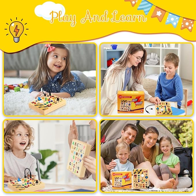 RichBoy Busy Board Toddler Toys Montessori Toys for 1-3 Year Old Boy Girl Birthday Gift for Grandkids, 37 in 1 LED Light Up Sensory Wooden Montessori Switch Board Toy - Learn and Travel (6.7" x 5.3")