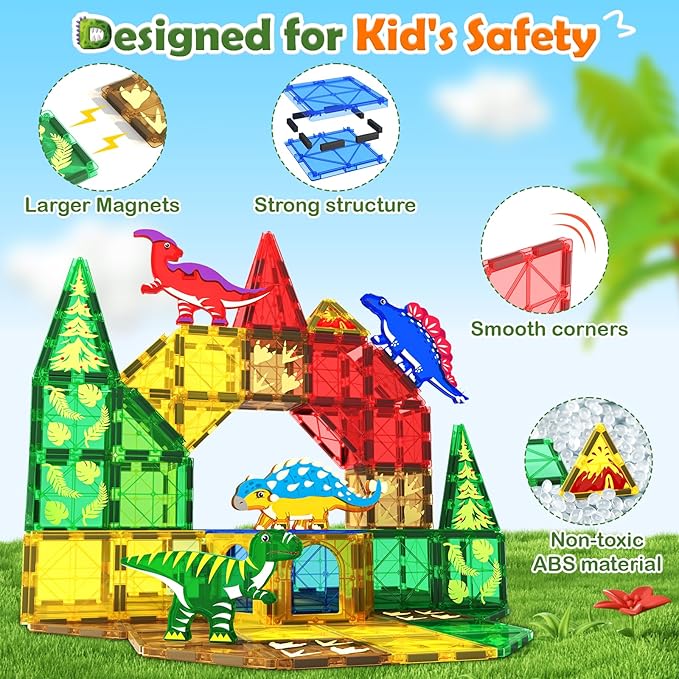 Dinosaur Toys Magnetic Tiles Jurassic Scenes Dinosaur World, Magnetic Blocks STEM Sensory Toddler Kids Games, Creative Toys Gifts for 3+ Years Old Boys Girls for Kids 3-5 5-7