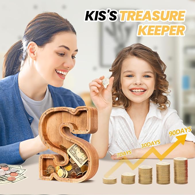 KMC Wooden Letter Piggy Bank, Personalized Initial Piggy Bank for Kids Boys, Clear Alphabet S Wood Money Box, Unbreakable Coin Saving Jar, Birthday, for Children
