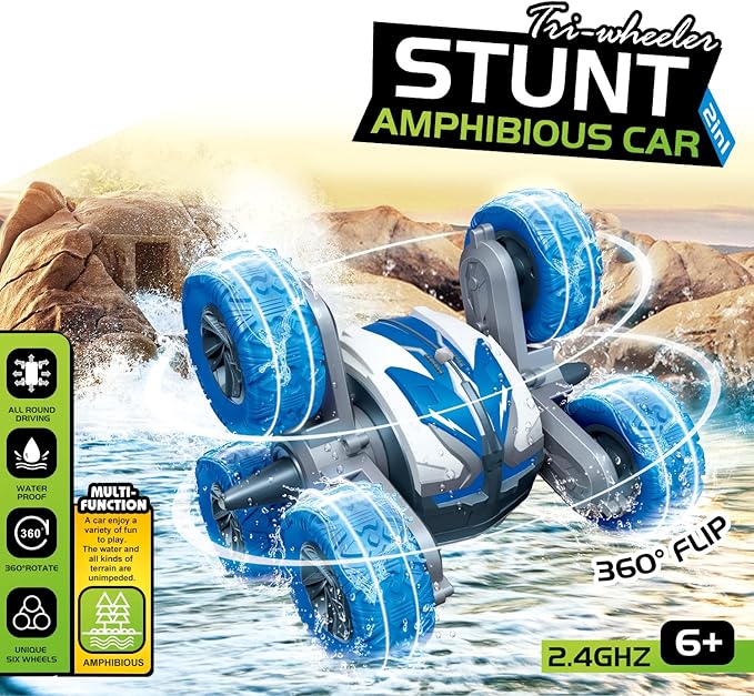 Threeking Amphipious RC Stunt Car Remote Control Cars 360 Degree Flips Rotating Indoor Outdoor Toys Gifts Presents for 6 7 8 9 10 11 12 Year Old Kids Boys Girls
