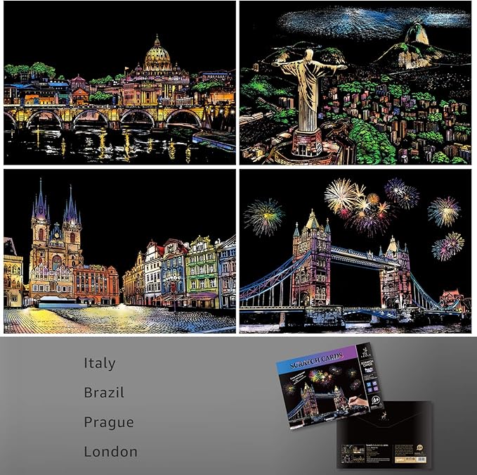 Scratch Art for Kids & Adults, Rainbow Engraving Painting Landscape Scratchboard(A4) Crafts Set: 8 Sheets 4 tools - Fireworks, Big Ben, Tower Bridge, Cristo Redentor, Ferris Wheel(Landmark Building)