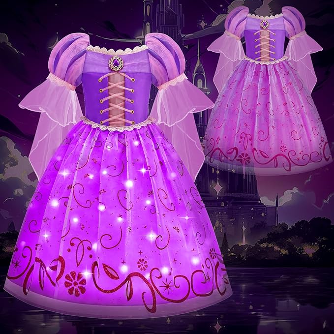 Light Up Princess Dress for Girls Purple Lighted Princess Costume Fancy Halloween Dress Up Cosplay Party Carnival