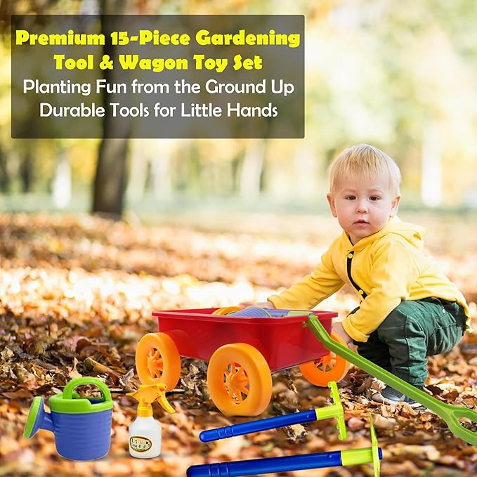 Dimple Garden Wagon & Tools Toy Set Premium 15 Pcs Kids Gardening Tools & Wagon Toy Set - Sturdy & Durable - Top Yd, Beach, Sand, Garden Play Set - Great for Kids & Toddlers