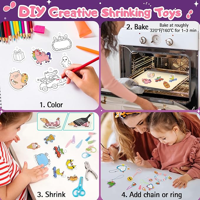 195 Pcs Shrink Plastic Kit with 39 Pre-Cut Patterns,3 Blank Shrink Plastic Sheets,Punch,Scissors,Keychains Lanyards,Tassels,Keychain Making Kit,Shrinky Art Charms,Shrinking Paper Craft Kits DIY Gifts