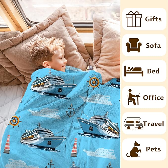 Blanket for Kids Boys Cute Steamship Throw Gift, 50x60 Inches Warm Soft Throw Blankets for Sofa Couch Bed Decor Stuff