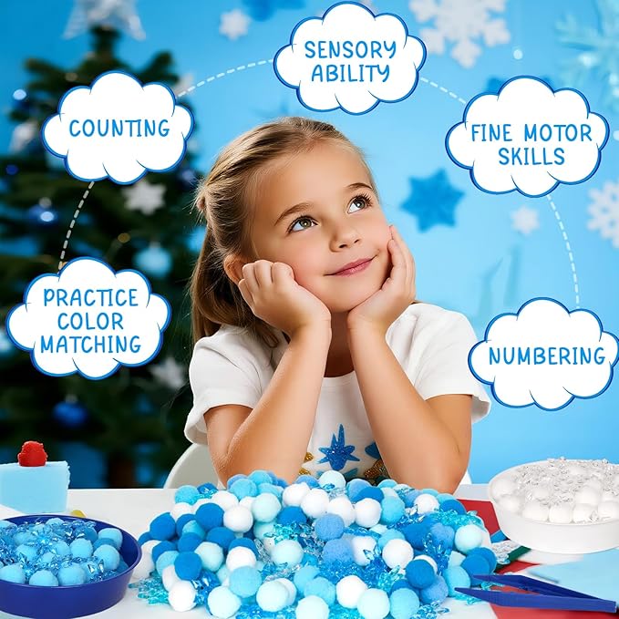 209 Pcs Winter Sensory Bin Items Winter Acrylic Snowflake Counting Sorting Sensory Bin Filler Fine Motor Toys Blue Snowflake Counts Xmas Counting Toys for Preschool Education Activities