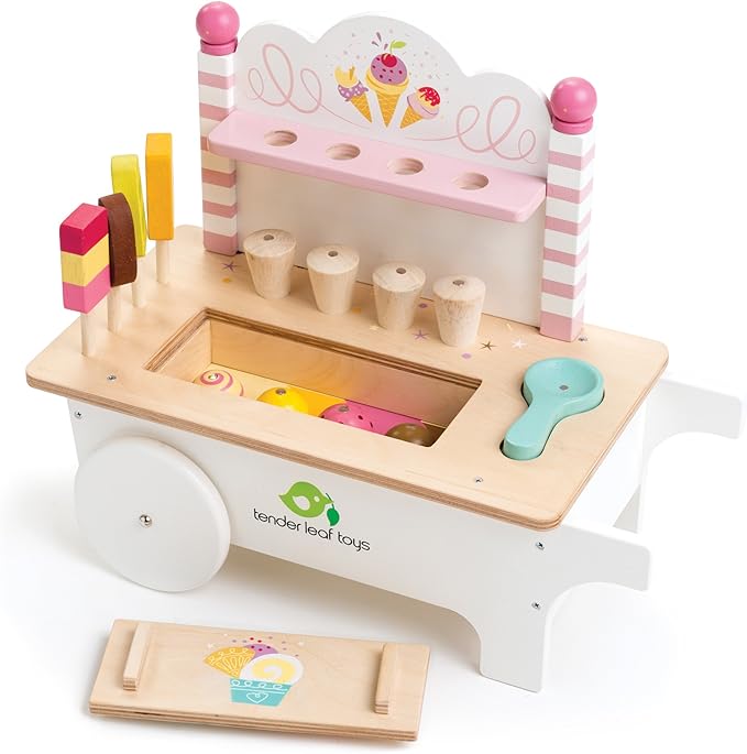 15 Pc Ice Cream Cart - Includes Ice Cream Cones, Popsicles, Scooper and Cart - Made with Premium Materials and Craftsmanship - Encourage Role Play and Develops Social Skills - for Children 3+