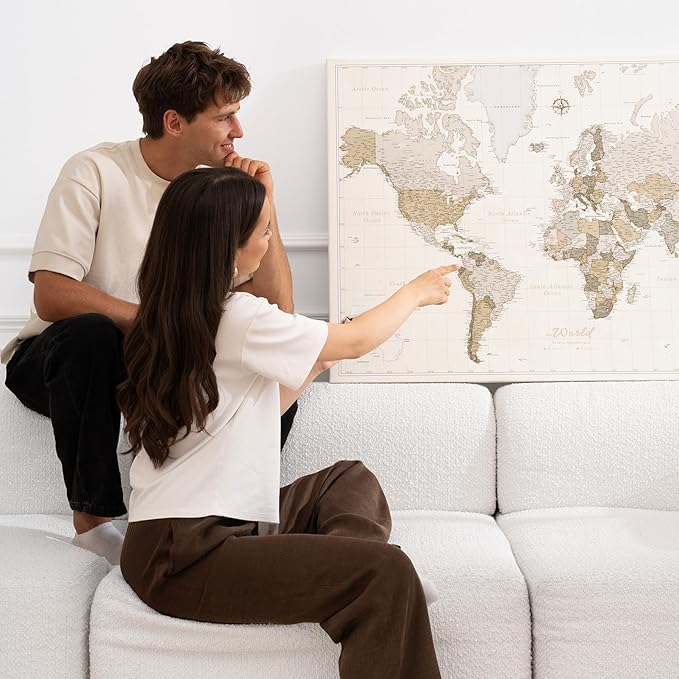 Canvas World Map with Cork Pin Board - English Lettering - Decorative Wall Decoration for All Rooms - Canvas Pictures with World Map Motif (120x80 cm, Pattern 8)