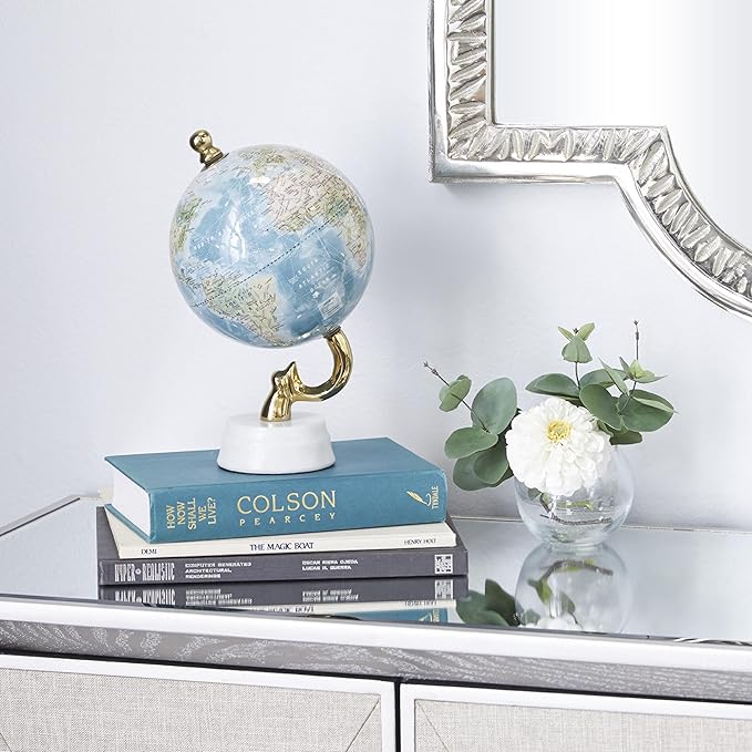 Deco 79 Aluminum Metal World Globe with Marble Base, Desk Globe 6" x 6" x 11", Blue