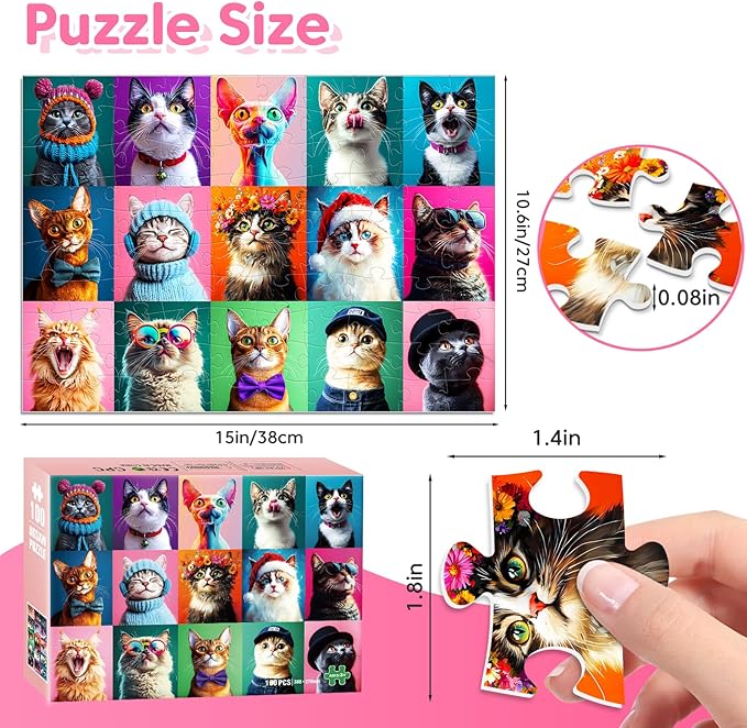 100 Piece Puzzles Multicolor Fun Cats, Large Piece Jigsaw Puzzle for Kids Ages 4-6 6-8 8-10, Pets Cat Theme Puzzles for Teens Seniors Adults, Collection Gift Home Art Decor Toys Gifts for Girls Boys