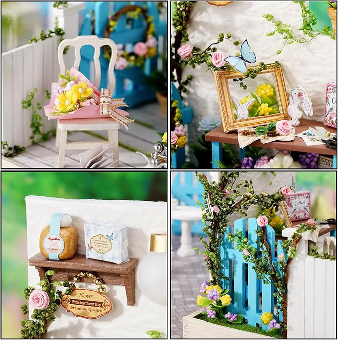 CUTEROOM DIY Doll House Miniature Furniture Wooden House Kit with Dust Cover & LED Light and Accessories -Corner of Garden