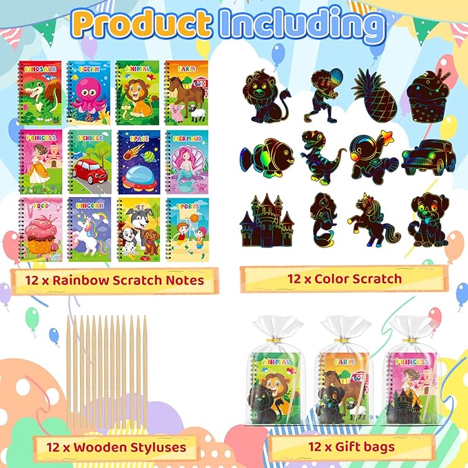12 Pack Scratch Art Party Favors for Kids - Rainbow Scratch Paper Notebook with Scratch Off Cards Easter Basket Stuffers Birthday Goodie Bags Stuffers with - Return Gifts DIY Classroom Prizes