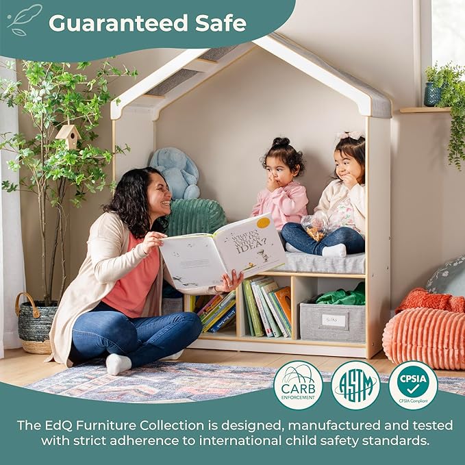 Guidecraft EdQ Kids' Reading Nook - Natural: Wooden Storage Bench Bookcase Organizer with Divided Cubbies and Bins for Books and Toys | Preschool and Homeschool Furniture