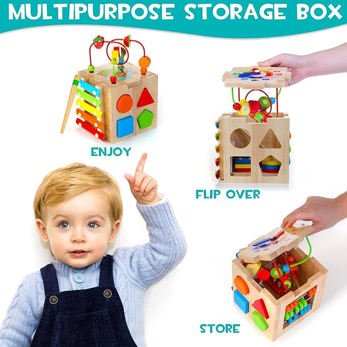 Wooden Activity Cube, 8-in-1 Montessori Baby Toys for 1+ Year Old Boys & Girls, Educational Learning Toys for Toddlers Age 1-2, 1st Birthday Gift | Bonus Sorting & Stacking Board