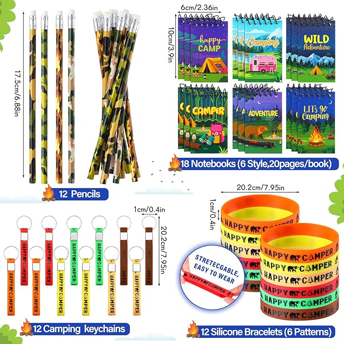 Zhanmai 140 Pcs Fall Camping Party Favors Gifts Silicone Bracelets Stickers Camping Keychain Badge Camouflage Pencils Spiral Camp Adventure Theme Notepads Happy Drawstring Bags Mini Flashlight for Kid