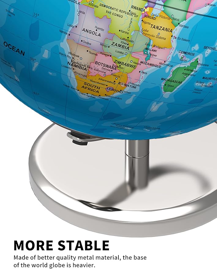 Illuminated World Globe with Stand, 9" Earth Globes with Stable Heavy Metal Base for Kids Classroom Learning, LED Constellation Globe Night Light with HD Printed Map