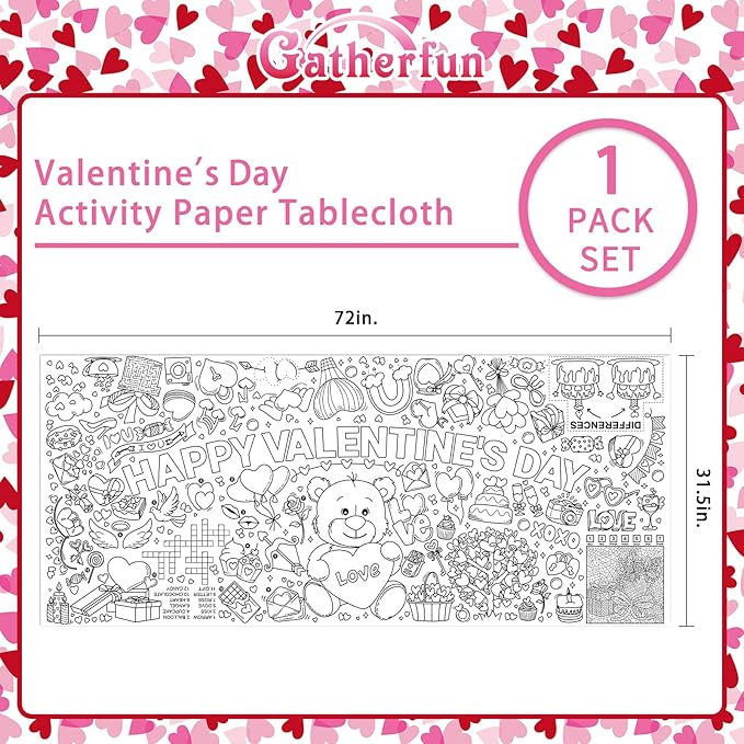 Valentine's Day Activity Poster - 31.5 x 72 Inches, Valentine-Themed Happy Party Banner/Table Cover for School Parties and Special Events Decoration