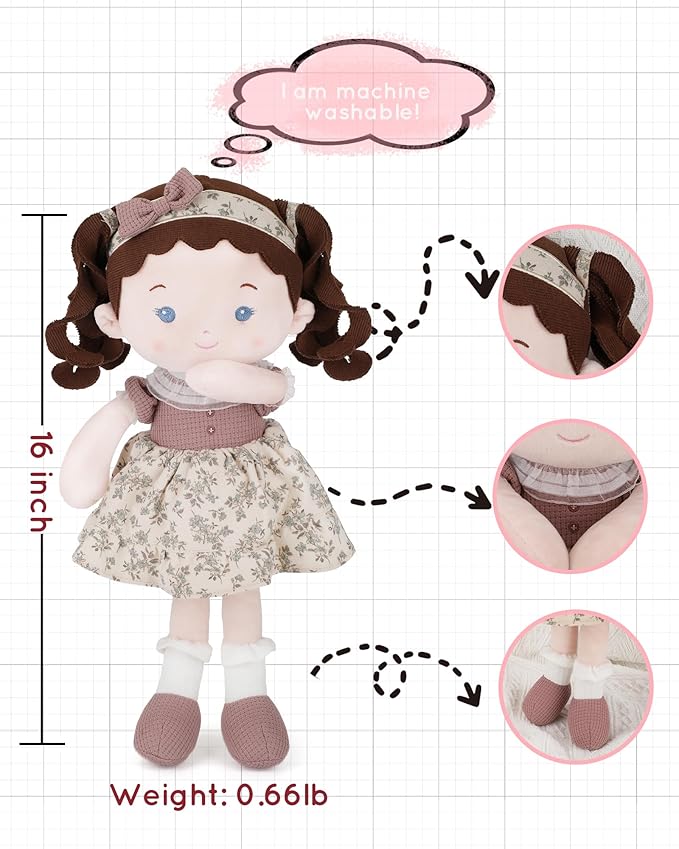 LeyaDoll Personalized Soft Baby Doll (16''), Leya Doll My First Baby Rag Doll for 1 Year-Old Girl Birthday Gift, Christmas Plush Toys Gift for Toddler Kids Infants-Miss Posy