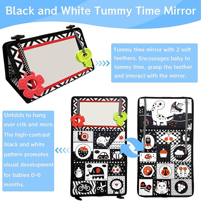 Tummy Time Mirror Newborn Toys: Black and White Infant Tummy Time Toys 0-3 0-6 6-12 Months Babies High Contrast Baby Toy with Baby Book & Teethers Montessori Sensory Floor Toy for Boy Girl Baby Gifts