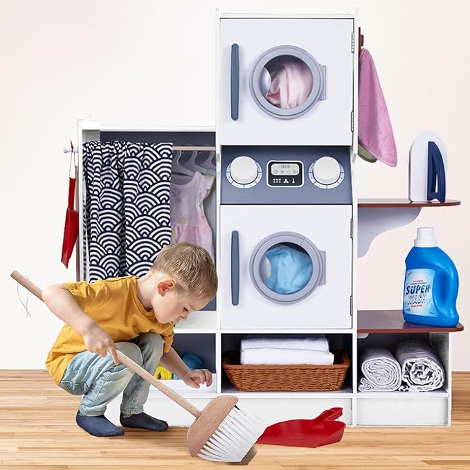 Lil’ Jumbl Kids Washer and Dryer Playset, Wooden Children's Pretend Laundry Set, Includes Broom, Dustpan, Iron, Hangers & Basket, Realistic Laundry Room for Kids - White