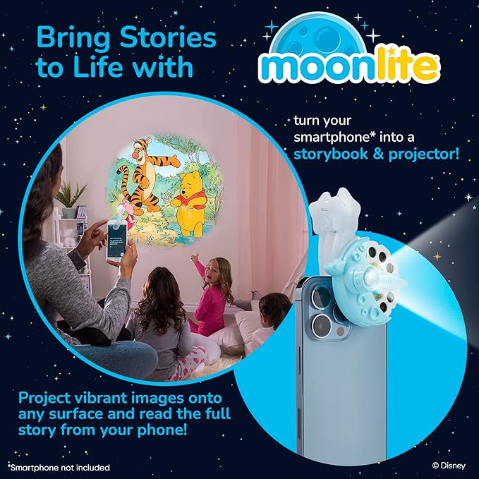 Moonlite Storytime Mini Projector with 4 Winnie The Pooh Stories, A Magical Way to Read Together, Digital Storybooks, Fun Sound Effects, Learning Gifts for Kids Ages 1 and Up