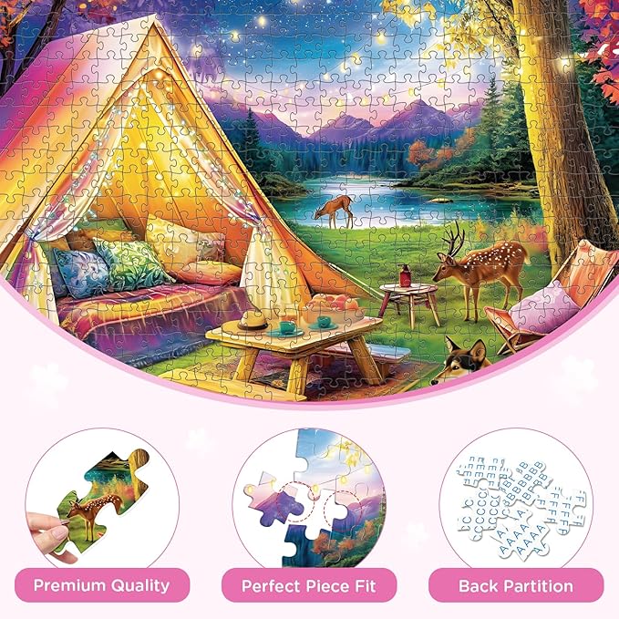 500 Piece Puzzle for Adults, Dreamy Forest Camping Puzzles for Adults Kids Senior, Starry Sky, Lake and Cute Deer Jigsaw Puzzles, Challenging Puzzle Perfect Game Nights for Family Friend 20.5 X 15 in