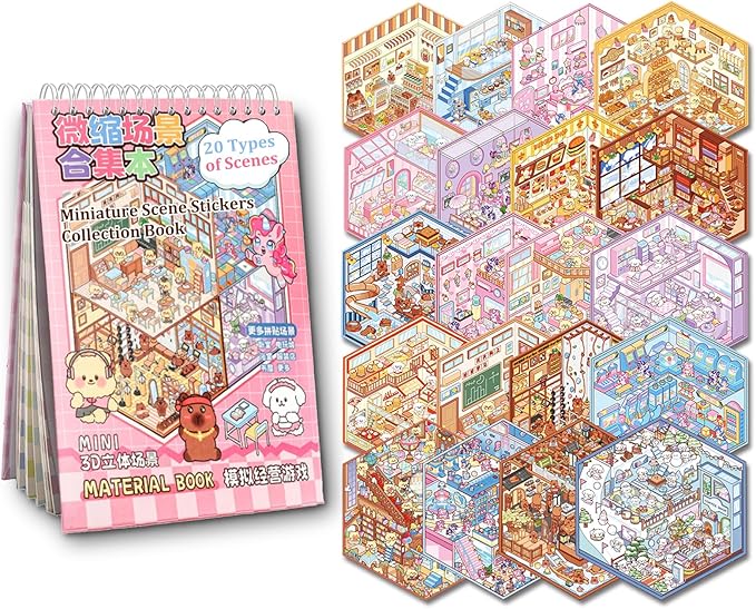 Scene Sticker Book for Kids, 20 Sets of 3D Sticker Scenes for Adults Fun Mini Cute Kawaii Stickers Therapy 3D Scenes 3D House Stickers Set Relief Stress Pass The Time