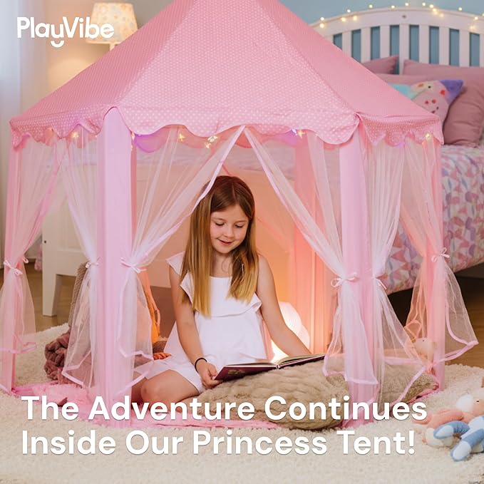 PLAYVIBE Teepee Tent for Kids - Castle Theme Indoor & Outdoor Playhouse with LED Star Lights - Halloween Party Tent, Cozy Fall Decor & Toddler Toy Fort