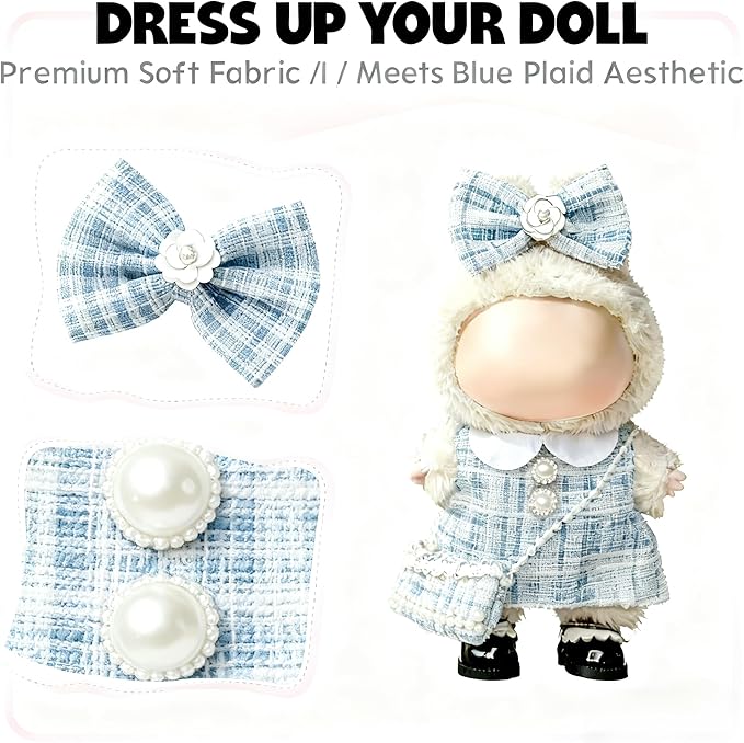 Clothes for LABUBU 17cm Doll (NO Doll)（NO Shoes, Outfit for LABUBU, Dress + Hairpin + Mini Bag Set for LABUBU Dress Up, Fashion and Premium Dolls Accessories for LABUBU (Style I)