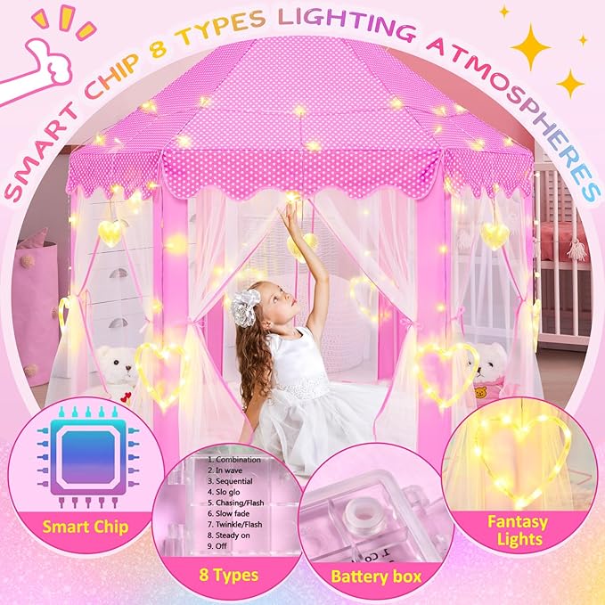 EVOIONOS Princess Tent for Girls with Large Love Lights, Pink Play Tent for Toddlers, Castle Playhouse 55 x 53 inch