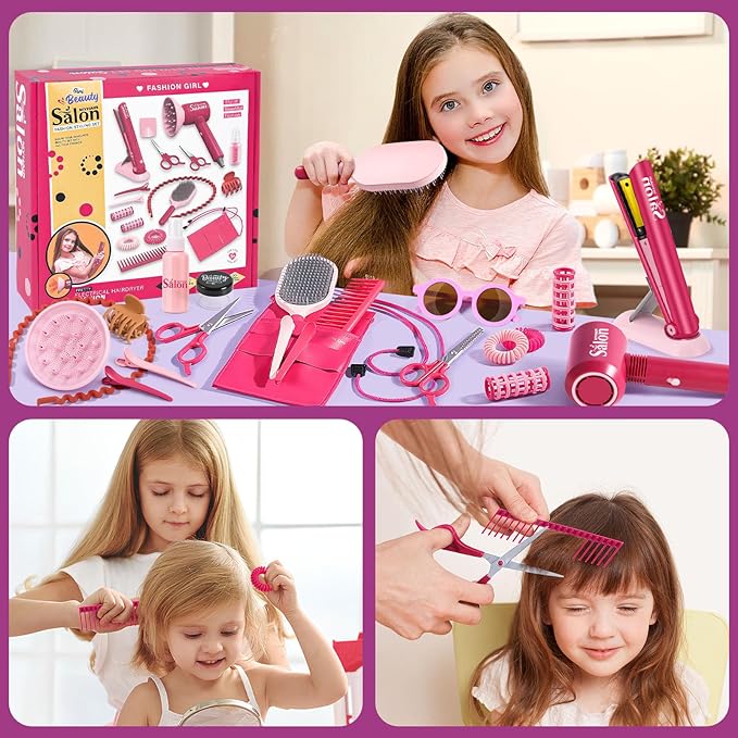 G.C Girls Hair Salon Toys Kids Pretend Play Hair Styling Kit with Realistic Blow Dryer Straightener Stylist Apron Scissors Accessories Beauty Makeup Set Birthday Gifts for Toddler Girls 3 4 5 6+