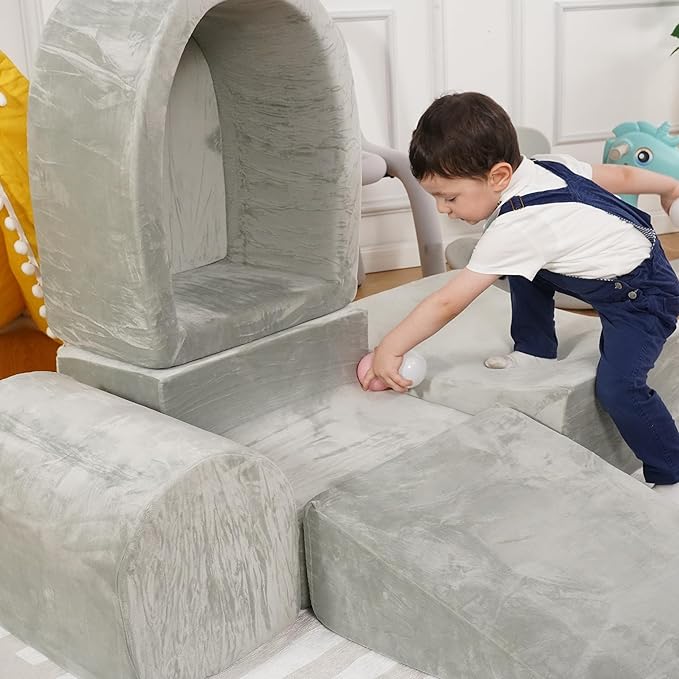 Foam Climbing Blocks for Toddlers – Indoor Soft Play Set for Babies - Velvet Cover & High-Density Memory Foam – Baby Climbing Blocks for Motor Skills - Climb and Crawl Activity Play Set for Kids -Gray