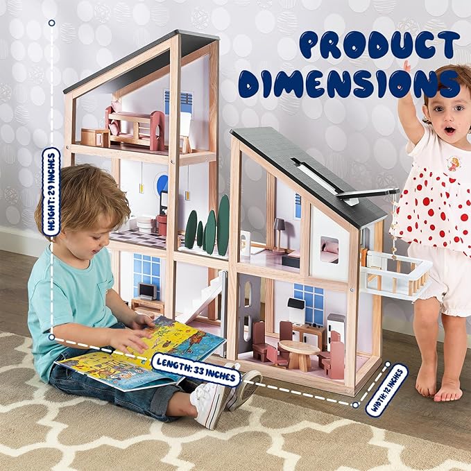 Large Wooden Doll House for Kids Ages 3+, Sturdy Modern Family Dollhouse Kit with Realistic Furniture Design, Educational Wooden Toy House for Toddlers Early Learning & Creative Play