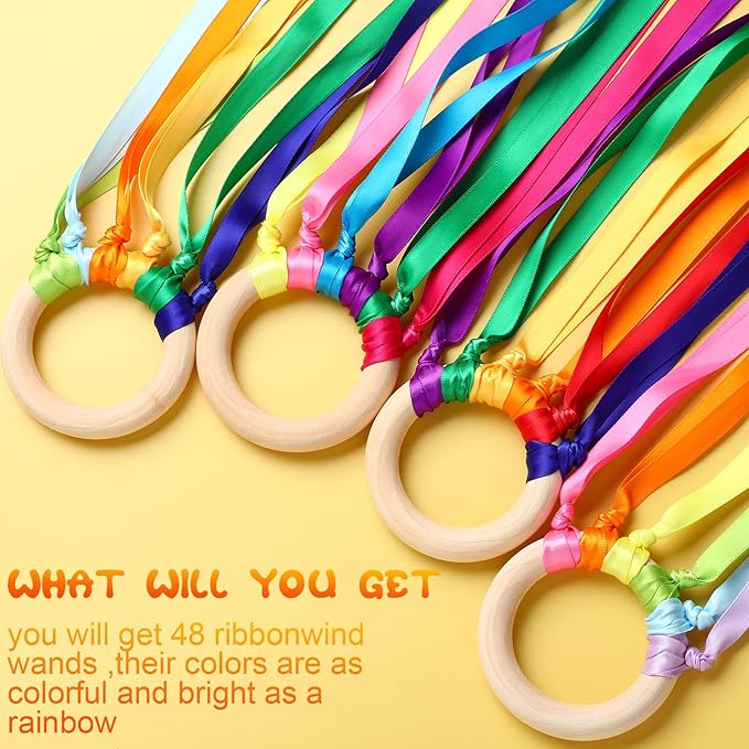 Junkin Ribbon Rings Hand Kite Waldorf Toys Dancing Wrist Ribbons Rainbow Streamers with Wood Ring Educational Toy for Playroom Dancing Birthday Party Gift(Rainbow,48 Pcs)