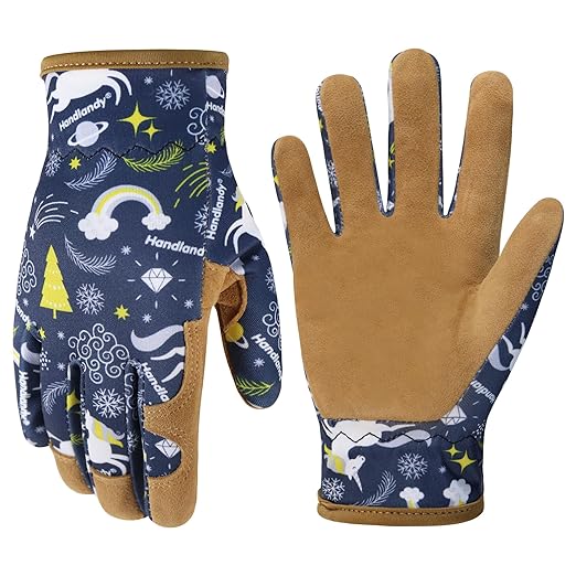 HANDLANDY Kids Genuine Leather Gardening Gloves for ages 3-11, Children Toddler Work Outdoor Playing Gloves for Boys Girls Gift (Medium (for age 5-7), Blue)