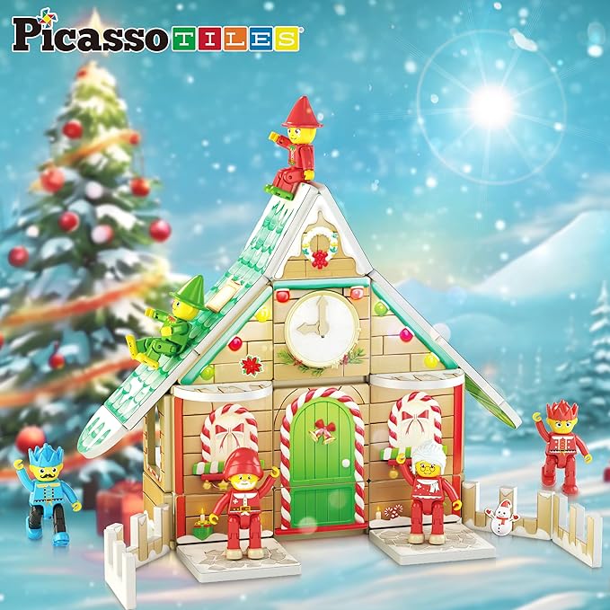 PicassoTiles Magnetic Tile Christmas Holidays Cottage Building Set with Santa Elves Nutcracker 6 Character Figures STEM Educational Construction Toy Winter Magnet Block Gift for Kids Age 3 Plus PTQ08