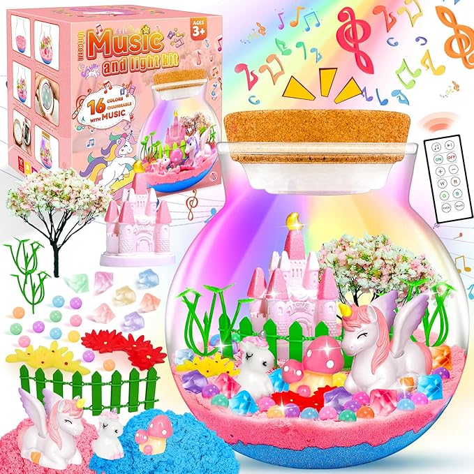 Uni-Corn Terrarium Kit with Music Boxes, Uni-Corn Toys for Girls Ages 4 5 6 7 8 9 10 11 12 Years Old, Arts and Crafts for Kids with Music LED Lights Up & Remote Control