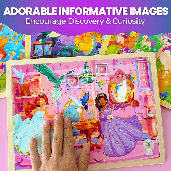 QUOKKA 4SET Puzzles for Kids Ages 4-6 - 24 Pcs Wooden Toddler Puzzles Ages 3-5 - Mermaids, Princesses, Unicorns Learning Games for Boys and Girls 4-8 Year Olds